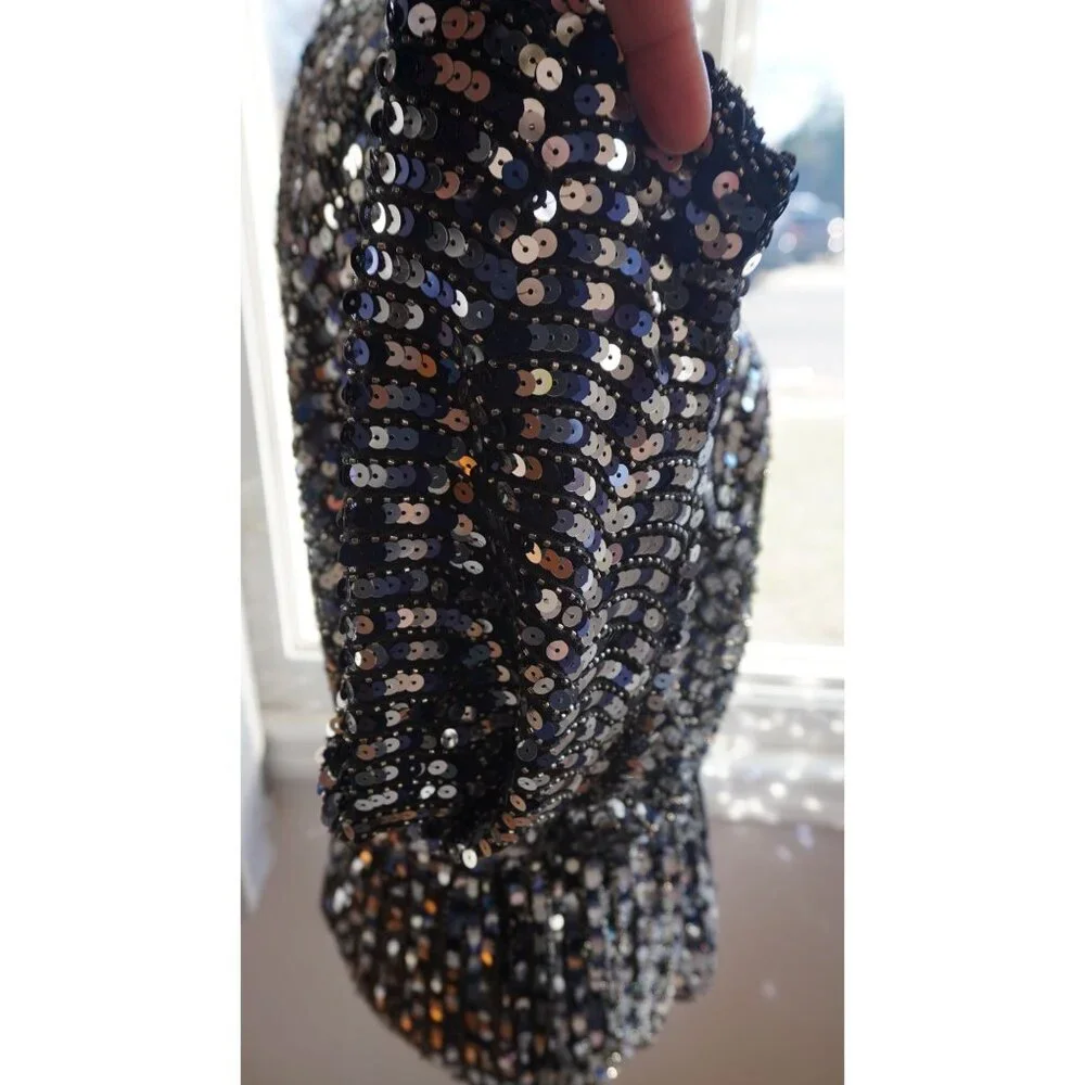 Prima Black Sequin Long Sleeve V-Neck Top With Scalloped Hem - Size M - Picture 5 of 8